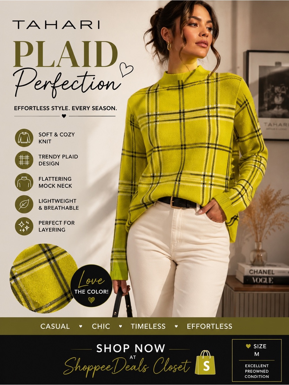 Tahari Plaid Mock Neck Sweater | Size Medium
